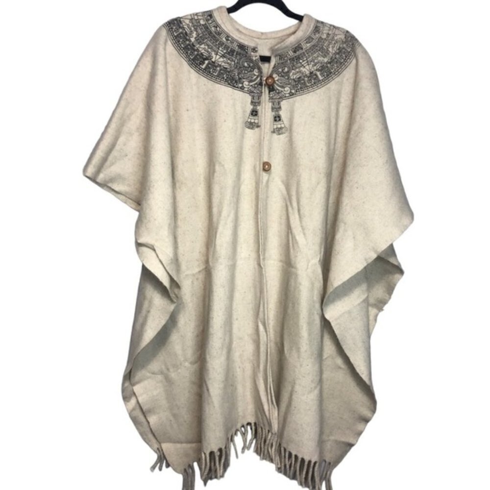 Boho Chic Mexican Vintage Wool Fringe Poncho Cape
